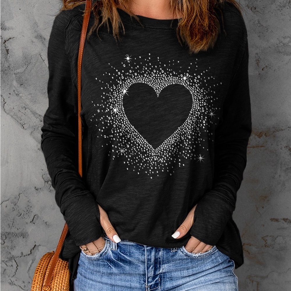NEW Black Rhinestone Heart Shape Print Long Sleeve Top - Picture 3 of 8